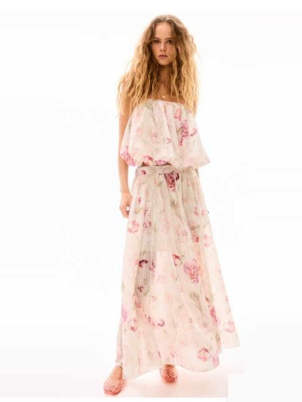 H&M Cream/pink floral voluminous maxi skirt L